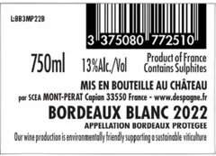 image du vin Château Mont Perat Bordeaux Blanc 2022