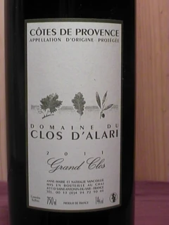 photo Cotes de Provence Domaine du Clos D’Alari Grand Clos 2011