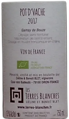 photo du vin Vin de France les Terres Blanches Gamay de Bouze Elevage 10 Mois en Foudre Pot d’Vache 2017