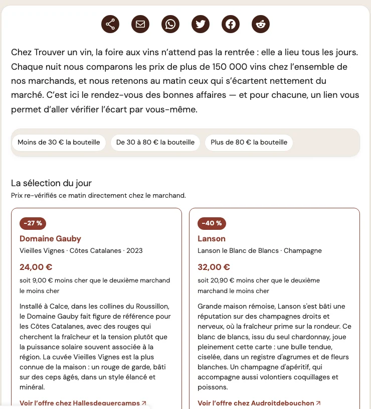 La page Foire aux vins de Trouver un vin : les promos du jour, prix vérifiés le matin même