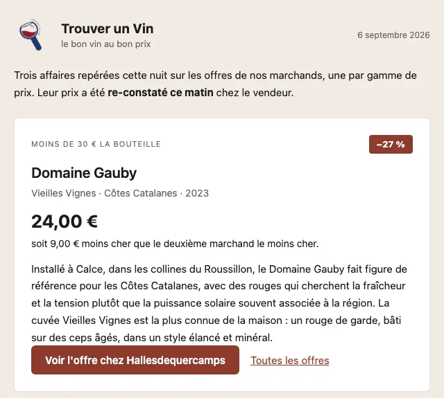 La newsletter quotidienne de Trouver un vin, avec les affaires du jour